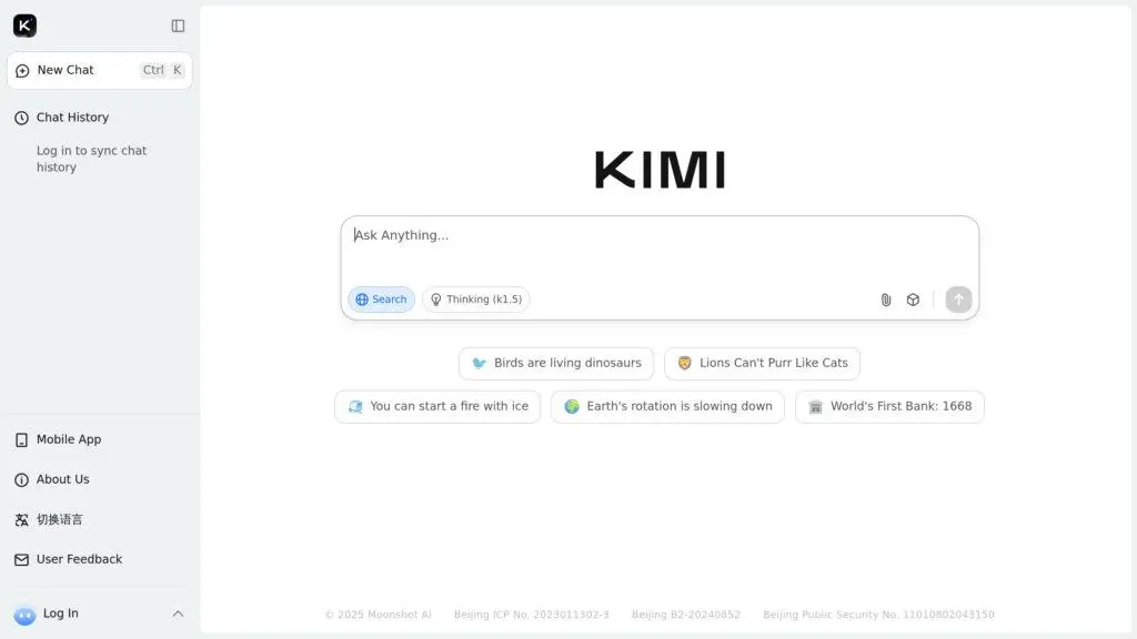 kimi 1 www Kimi K2.6 AI interface showing the Moonshot AI chatbot homepage