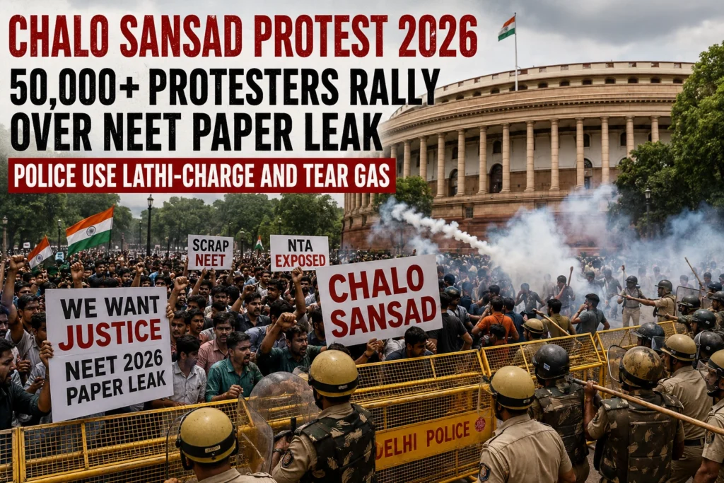Chalo Sansad Protest 2026 near Parliament with police barricades and protest banners Image Title: Chalo Sansad Protest 2026