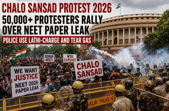 Chalo Sansad Protest 2026 near Parliament with police barricades and protest banners Image Title: Chalo Sansad Protest 2026