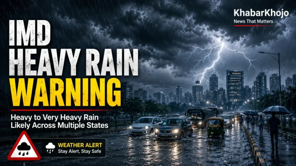 IMD heavy rain warning over an Indian city with dark clouds, lightning, and heavy rainfall.