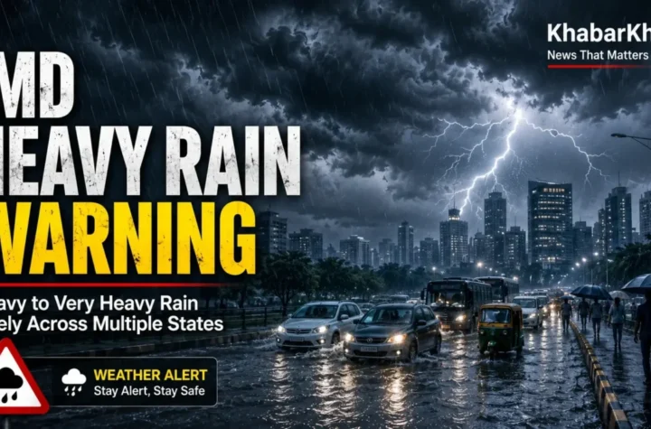 IMD heavy rain warning over an Indian city with dark clouds, lightning, and heavy rainfall.