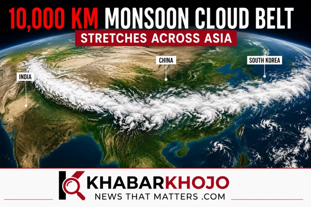 Satellite image showing the 10,000 km monsoon cloud belt stretching from India to South Korea across Asia