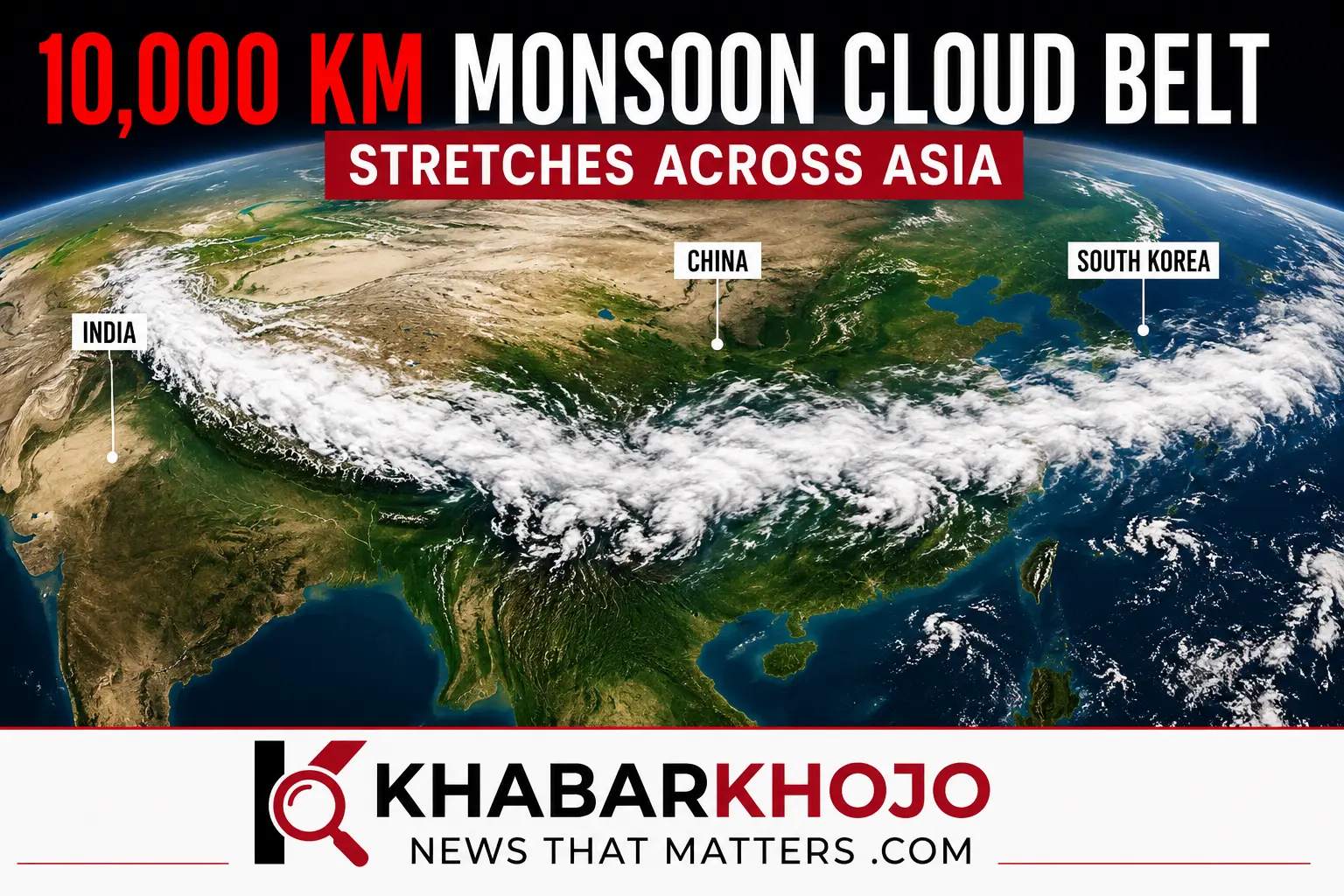 Satellite image showing the 10,000 km monsoon cloud belt stretching from India to South Korea across Asia