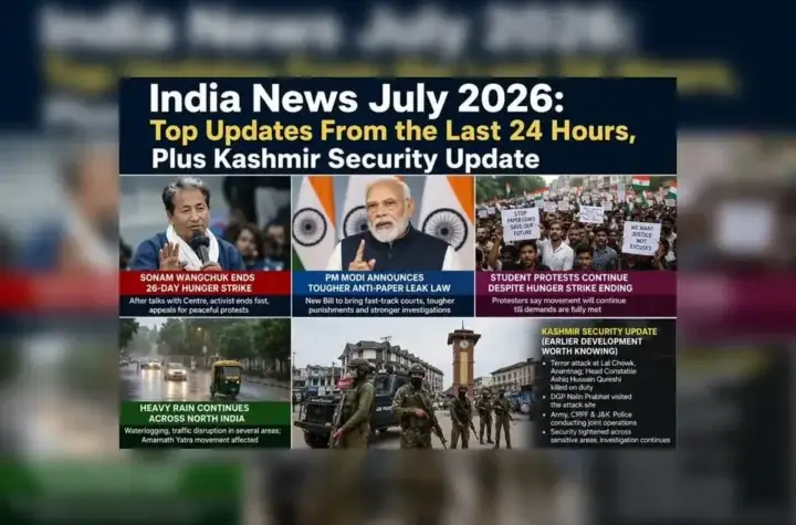 India News July 2026 featuring Sonam Wangchuk, PM Modi, student protests, heavy rainfall and Kashmir security update.