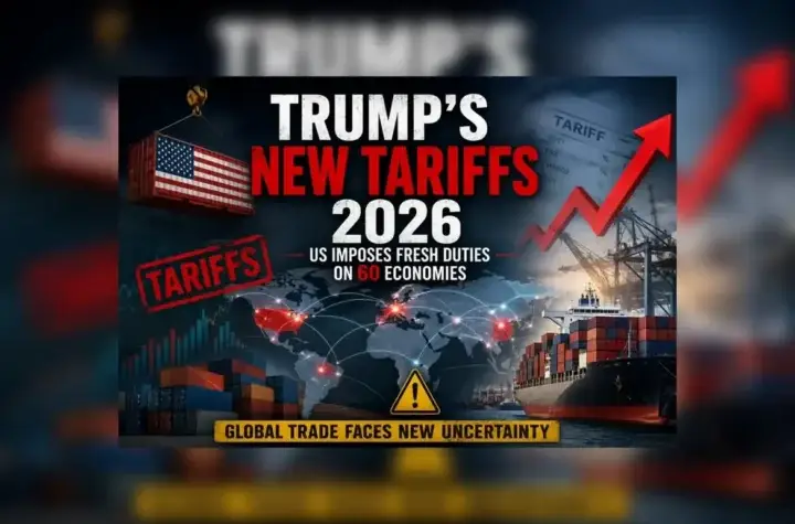 Trump's New Tariffs 2026 showing US and China flags with cargo containers representing global trade and import duties.