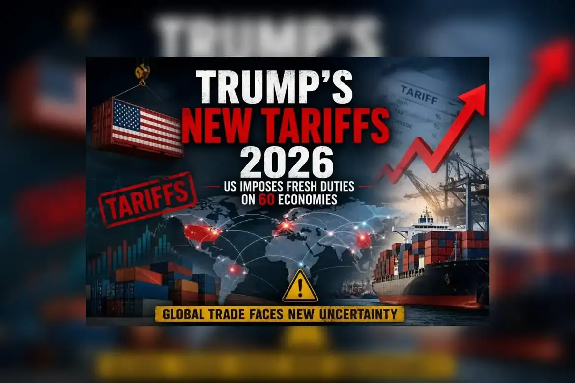 Trump's New Tariffs 2026 showing US and China flags with cargo containers representing global trade and import duties.