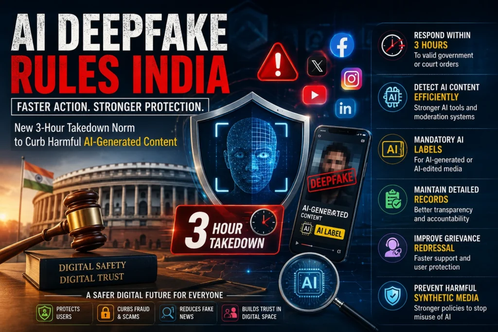 AI Deepfake Rules India showing the proposed 3-hour takedown timeline for unlawful AI-generated content.