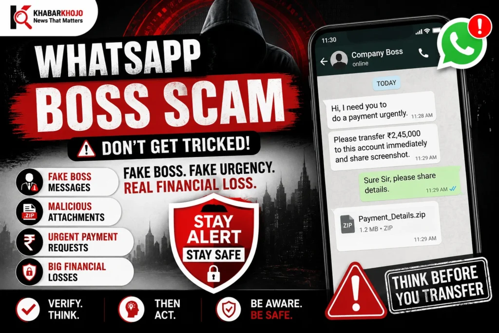 WhatsApp Boss Scam showing fake boss messages and urgent payment request