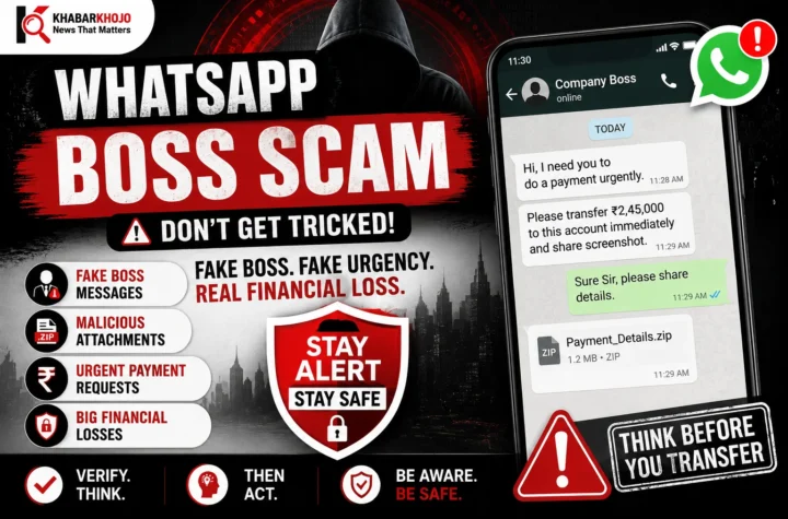 WhatsApp Boss Scam showing fake boss messages and urgent payment request