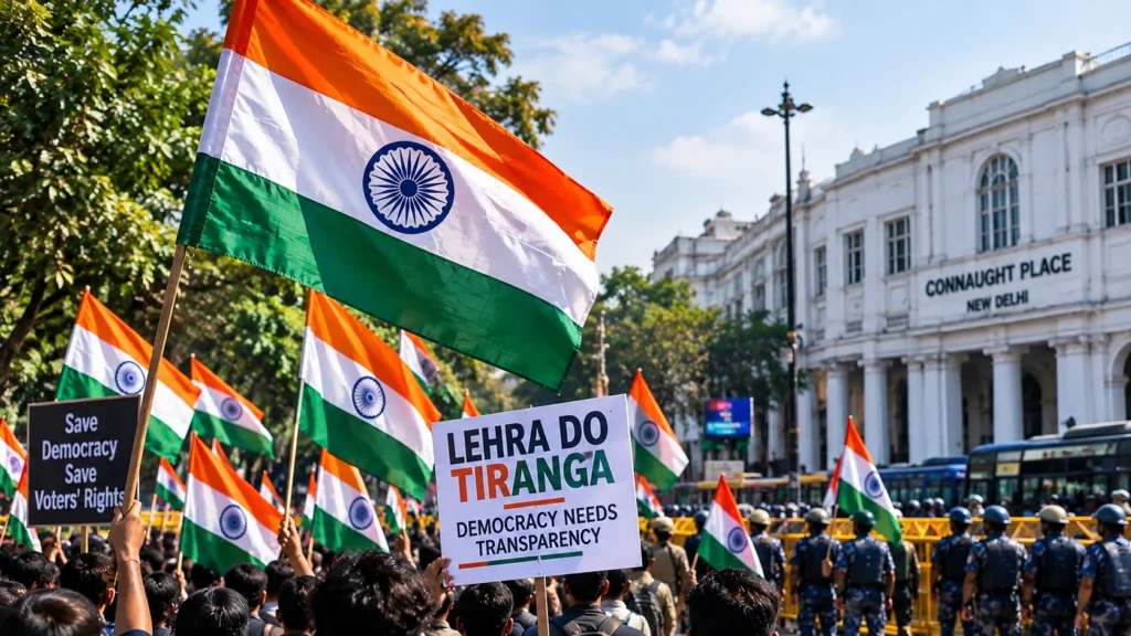 Lehra Do Tiranga Protest in Delhi Lehra Do Tiranga protest in Delhi with Indian flags and demonstrators seen from behind