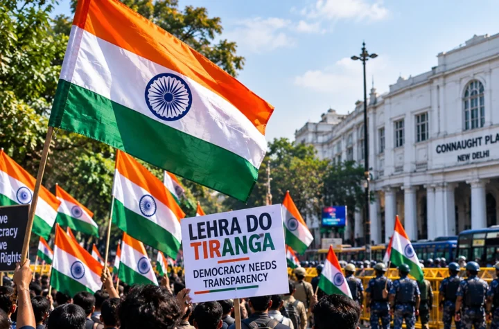 Lehra Do Tiranga protest in Delhi with Indian flags and demonstrators seen from behind